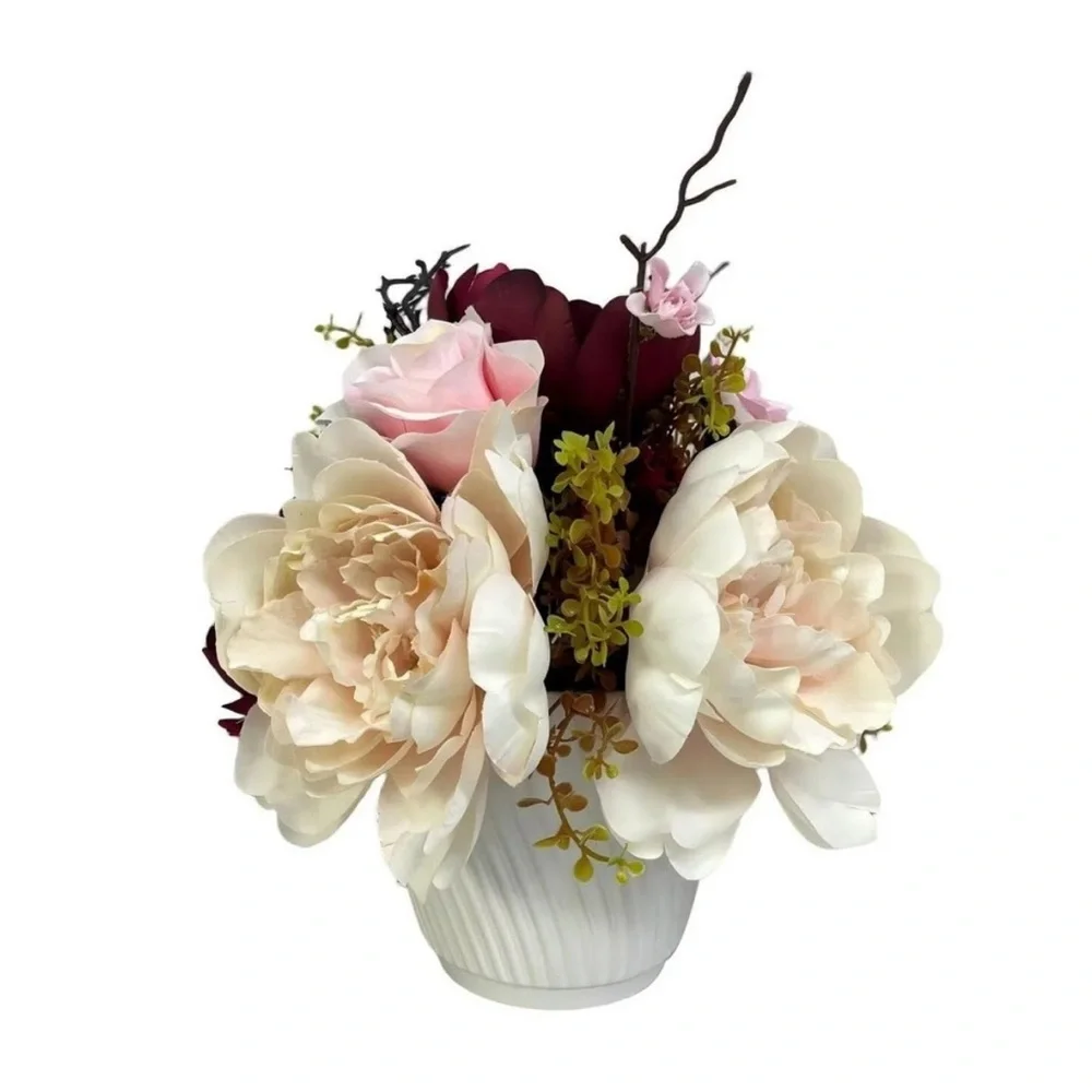 My Texas House Red and Pink Artificial Rose Floral Arrangement in White Pot